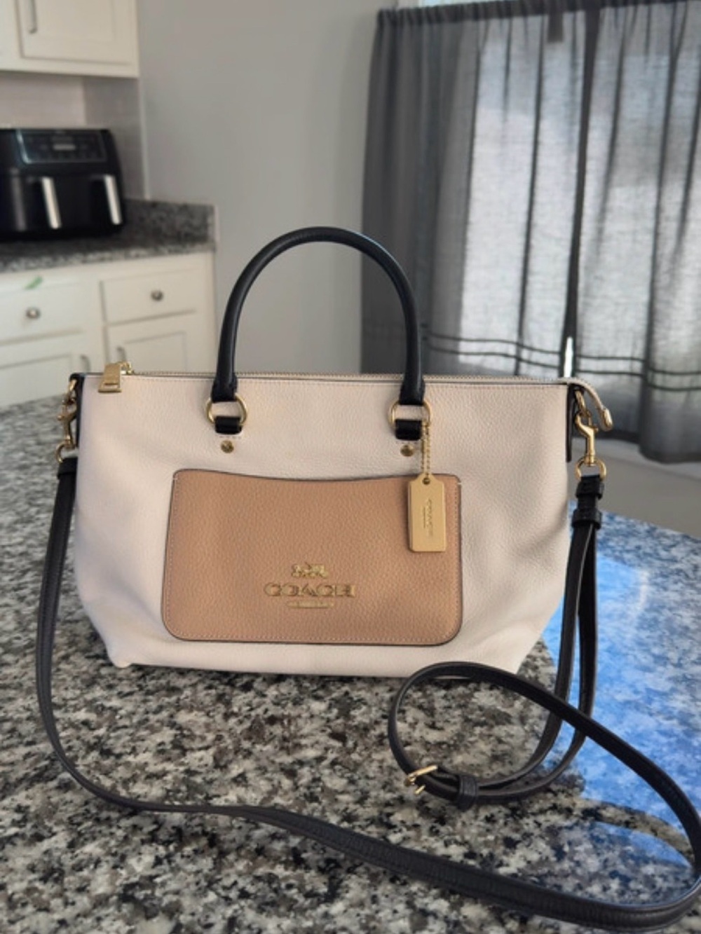 Coach Two-Tone Leather Satchel, Tan & Black with Gold hardware Hand-tag